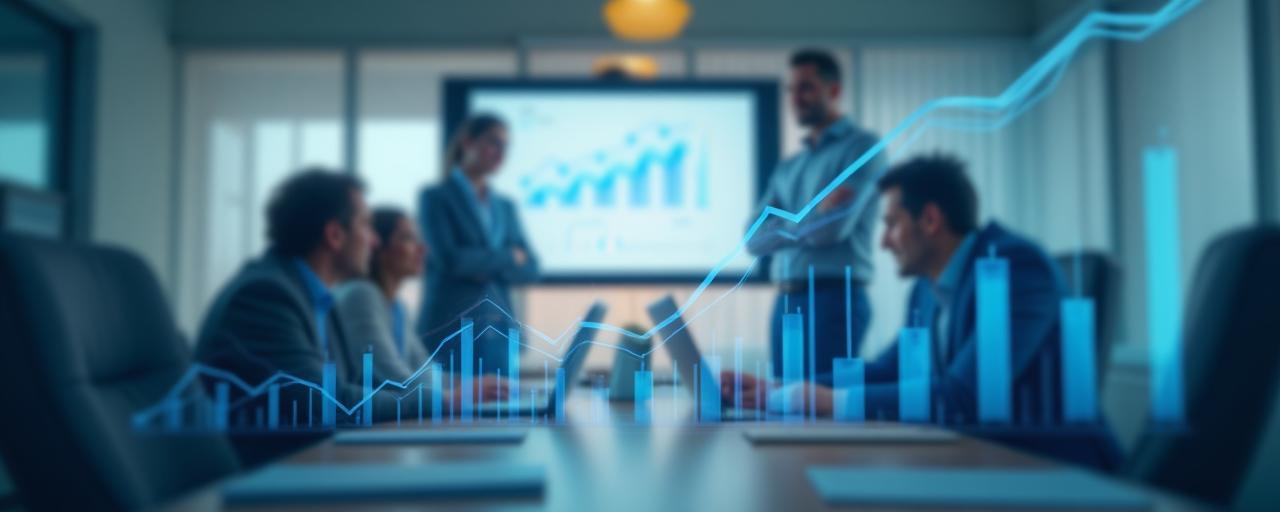 Equipos de trabajo colaborando y gráficos de datos en ascenso